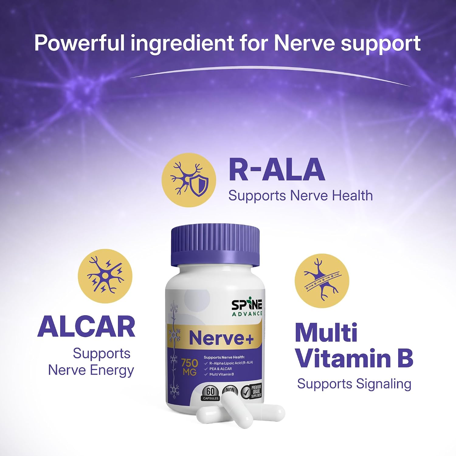 Nerve+ ingredient panel showing active amounts per capsule