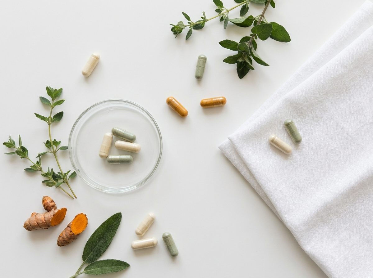 Sage-green and cream capsules with fresh botanicals and turmeric root in a clean top-down flat-lay